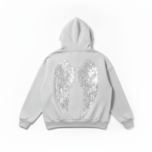 Custom Oversized Light Gray Sequin Angel Wings Hoodie Y2K Streetwear <b>Pullover</b> Sweatshirt - Product Image 2