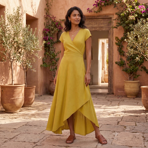 Robe midi asymétrique à col en V et manches courtes, coupe trapèze, en viscose tissée et rayonne, taille naturelle, style bohème, pour l'été et les vacances, tenue décontractée - Product Image 1