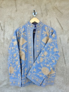 Blue Hand Embroidered Floral <b>Velvet</b> Breathable Eco-Friendly Winter Full Sleeve O' Neck Collar Women's Jacket Cotton Material - Product Image 5