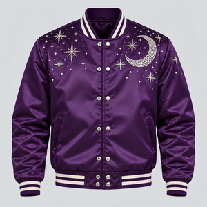 Chaqueta Varsity de Satén con Pedrería de Lujo, Elegante Chaqueta Bomber con Cristales y Estrellas, con Dobladillo Acanalado, para Moda Urbana y Fiestas - Product Image 1
