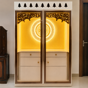 Armoire de Temple Religieux Moderne en Bois Sculpté avec Rétroéclairage LED Premium, Portes en Verre, Tiroirs de Rangement et Fixation Murale - Product Image 1