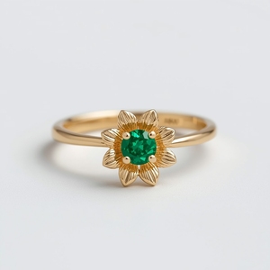 Anillo de Oro Sólido de 10K con Esmeralda Verde Estilo Margarita, Joyería Fina con Gema Floral Minimalista para Mujer, OEM - Product Image 1