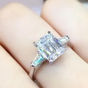 Tishya Diamond 3.96Ctw <b>Emerald</b> Cut Prong Set Three Stone IGI Certified Luxury Engagement <b>Ring</b> 14K White Gold Plated - Product Image 1