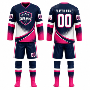 Conjunto de Jersey de Hockey Personalizado MEGAMAPLE, Ropa Deportiva para Hombre, Negro, Azul, Blanco, Impresión por Transferencia de Calor, Calentador de Manos, Todas las Temporadas, 100% Opera - Product Image 1