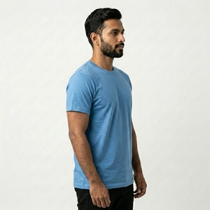 Camiseta de Algodón para Hombre, Corte Regular, Color Azul Sólido, Cuello Redondo, Manga Corta, Estilo Casual de Punto Jersey - Product Image 3