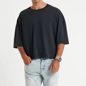 Men Oversized Black Cotton T-Shirt <b>Short</b> <b>Sleeve</b> O-Neck Casual Jersey Plain Dyed Solid Color Fit - Product Image 6