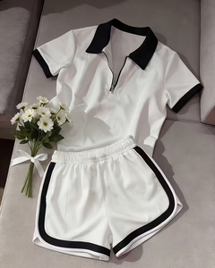 Women White Two-Piece Sporty Set Short Sleeve Turn-down Collar Top High Waist Shorts Solid Color Breathable Side Stripe - Product Image 1