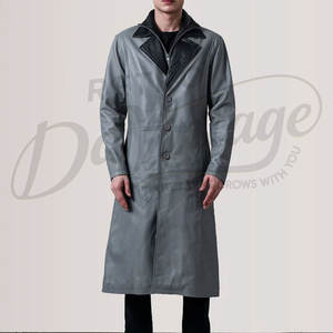 <b>Mens</b> Premium <b>Grey</b> Leather Trench Coat Long Winter <b>Overcoat</b> with Inner Zipper Layer Genuine Leather Double Collar Jacket - Product Image 4