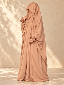 Mishkat Couture Camel Beige <b>Chiffon</b> <b>Maxi</b> Length Neck Long <b>Sleeve</b> Abaya Full Face Veil Ruffle Cuffs for Women Hajj Custom Colors - Product Image 2
