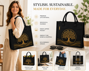 Sac fourre-tout en jute laminé noir AMANI, imprimé arbre, écologique, réutilisable, avec poche zippée en corde, vente en gros pour exposition - Product Image 6
