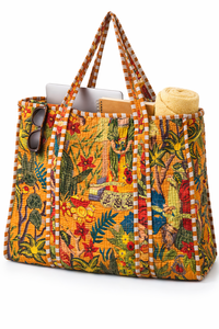 Quilted Jaipuri <b>Tote</b> Bag in Hand Block Print Bohemian Style Beach Bag <b>Zip</b> Closure All Seasons Use Shopping bag Women <b>Tote</b> Bag - Product Image 2