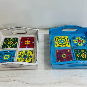 Plateaux de service en bois Art Déco faits à la main, lot de 2 (pour les occasions de mariage et de Diwali) - Product Image 1