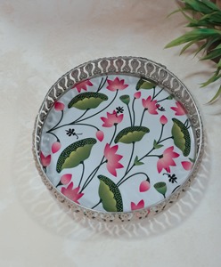Luxury Round Floral Metal Decorative Serving Tray Handmade <b>Silver</b> Iron Display Plate Elegant Pooja Thali <b>Coffee</b> <b>Table</b> platter - Product Image 5