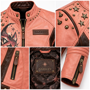 Chaqueta de cuero genuino para mujer, color marrón coral, estilo motero, con gráfico de zorro personalizado, mangas acanaladas y adornos de estrellas. Proveedor de prendas de abrigo. - Product Image 6