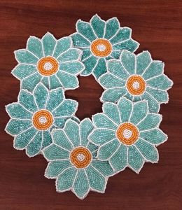 Handmade <b>Beaded</b> Flower <b>Coaster</b> Set Round Teal Orange Center Decorative Heat Resistant Mats for Cups and Glasses - Product Image 1