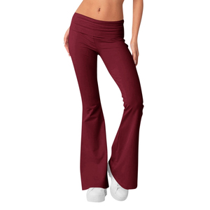Leggings de yoga taille haute à jambe évasée, longueur intégrale, couleur bordeaux unie, en Spandex Nylon, sans couture, extensibles dans les quatre sens, avec taille élastique - Product Image 1