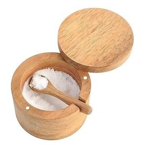 Pot à sel avec couvercle et cuillère, récipient à épices en bois fait main pour la cuisine - Product Image 4