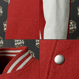 เสื้อแจ็คเก็ตวาร์ซิตี้ยูทาห์สำหรับผู้ชาย สีแดงขาว แขนเสื้อแบบ Letterman สไตล์ Preppy ปกคอพับ กระดุมแถวเดียว - Product Image 5