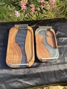 <b>Rustic</b> Farmhouse Epoxy Resin & Acacia Wood Decorative Serving Tray with Luxury Metal Handles for Breakfast, Drinks & Home Decor - Product Image 5