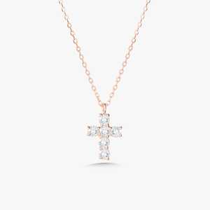 Delicados Collares de Cruz con Diamantes de Oro Sólido 14K 18K, Engaste Pavé, Diamantes Cultivados en Laboratorio, Cierre de Resorte, 18 Pulgadas, Para Usar en Capas, Pequeños, Religiosos, Uso Diario - Product Image 5