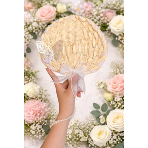พัดมือทำมือสำหรับงานแต่งงาน ทำจากไม้ไผ่หวายประดับโบว์มุกและดอกไม้ ของชำร่วยงานแต่งงานสำหรับแขก ผลิตจากโรงงานในเวียดนาม ขายส่ง - Product Image 1