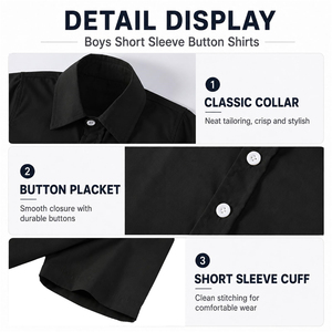 Chemise à manches courtes en coton et polyester noire pour garçons, vêtements d'école primaire, chemises à col boutonnées pour enfants - Product Image 4