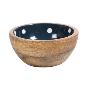 Bol à salade artisanal en bois de manguier écologique avec motif bleu et blanc, design moderne vintage pour la cuisine et le service des fruits - Product Image 1