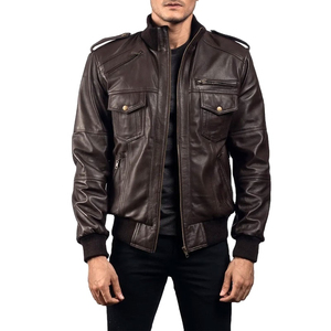 Men's <b>Brown</b> Genuine <b>Leather</b> Moto <b>Jacket</b> Stand Collar Zipper Closure Regular Fit Solid Color Autumn Winter Wear - Product Image 1