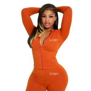 Combinaison moulante orange taille haute à manches longues pour femme avec fermeture éclair, effet ventre plat, longueur intégrale, tenue de club - Product Image 3