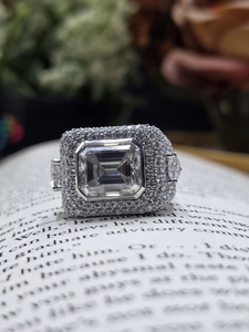 Iced Out Sterling <b>Silver</b> Moissanite Cocktail <b>Ring</b> <b>Emerald</b> Cut Pave Setting Geometric Luxury Engagement <b>Ring</b> - Product Image 2