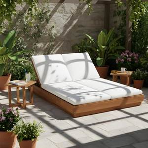 Tumbona de Madera de Teca con Cojines de Poliéster Blanco, Diseño Moderno para Exteriores, Respaldo Reclinable, Diseño Sólido para Patio y Villa - Product Image 1