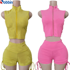 Conjunto de 2 Piezas de Chaqueta Corta y Pantalones Cortos Deportivos Casuales de Moda Hip Hop, Ajustados, de Spandex/Poliéster, con Cierre, para Mujer, Verano - Product Image 1