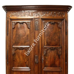 Luxury Handcrafted Solid Wood 2 Door <b>Wardrobe</b> Ornate Botanical Carving Antique Finish Armoire - Product Image 3