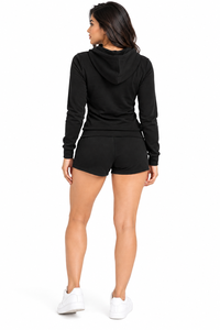 Conjunto de 2 piezas informal para mujer, con sudadera con capucha negra de manga larga con cremallera y pantalones cortos - Product Image 3