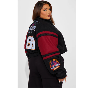 <b>Black</b> <b>And</b> <b>Red</b> <b>Varsity</b> <b>Jacket</b> With Patch Designs Turn Down Collar Streetwear Style Zipper Closure Short Length PU Material - Product Image 2