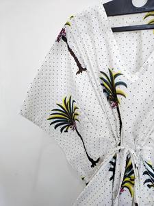 Robe Kaftan en Coton Imprimé Palmiers, Dentelle, Longueur Genou, Silhouette Trapèze, Coupe Ample, Légère, Style Indien, Idéale comme Cache-Maillot de Plage - Product Image 3