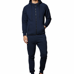 Ensemble de survêtement athlétique haut de gamme coupe ajustée avec sweat à capuche zippé et pantalon fuselé, pour l'entraînement, en tissu épais, pour la vente en gros - Product Image 2