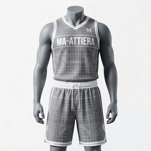 MA-ATTIERA Conjunto de uniforme de baloncesto personalizado con patrón de cuadrícula gris para hombre, camiseta sin mangas y pantalones cortos - Product Image 3