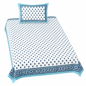 Heritage <b>Single</b> Cotton <b>Bedsheet</b> Blue Buti Hand Block Print with Floral Border and Pillow Cover for Home Hotel - Product Image 3
