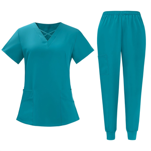 Ensemble de blouses médicales pour femmes, haut à col en V à manches courtes et pantalon de jogging, noir, en polyester tricoté, uniformes d'hôpital pour infirmières, cliniques, spas, vêtements de travail - Product Image 6
