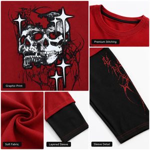 Camiseta de Manga Larga con Estampado de Calavera Gótica, Estilo Falso de Dos Piezas, para Hombre, Streetwear, Oversize, Grunge, Y2K, Hip Hop, Harajuku, Punk, Color Rojo Oscuro - Product Image 6
