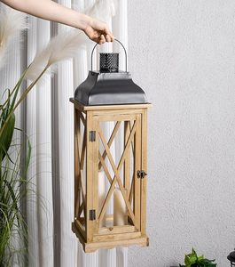 <b>Large</b> Rustic Wooden Lantern <b>Candle</b> Holder with Metal Top Farmhouse Decorative Hanging Lantern for Indoor Outdoor Decor - Product Image 3
