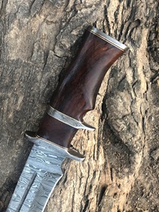 Couteau Bowie de camping personnalisé fait main, pointe clip, acier Damas, épaisseur de lame 3 mm, manche en bois non réglable, cuir - Product Image 2
