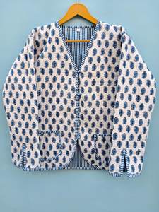 Vintage Style Quilted Jacket Blue Hand Block Print Kimono Coat Blue Floral Quilted Jacket Lightweight Cotton <b>Layer</b> - Product Image 4
