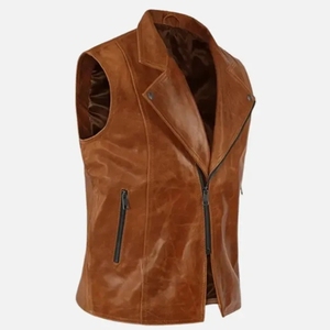 Chaleco de Motocicleta de Cuero Genuino Color Bronceado para Hombre, Diseño con Solapa y Cremallera Diagonal, Sin Mangas, de Piel de Vaca, Servicio OEM, Transpirable - Product Image 3
