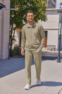 Men's Khaki <b>Tracksuit</b> Set Full Sleeve Zipper Casual Sweatshirt Pants Solid Color Breathable <b>Polyester</b> Cotton Autumn Wear - Product Image 4