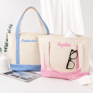 Bolso de Hombro de Lona a Cuadros Bordado Personalizado Estilo Boutique, Ligero, Duradero, con Cremallera Abierta, de Moda, para Uso Exterior - Product Image 2