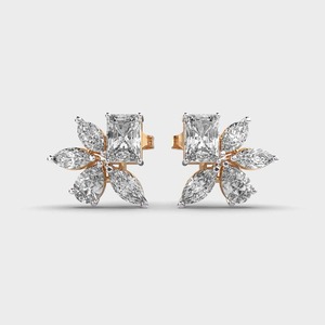 IGI Certified Lab Grown Radiant Cut Diamond Floral Cluster <b>Stud</b> Earrings 9K Yellow/White/Rose Gold Marquise Diamond Earrings - Product Image 5