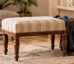 Vintage Striped Rustic Wooden Ottoman Stool Upholstered Tabletop <b>Bench</b> for Housewarming Living Room Bedroom - Product Image 1
