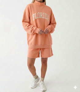 Women's White Florida Print Mockneck Sweatshirt And Shorts <b>Set</b> Casual Loose Fit Two Piece Outfit Spring Summer Wear - Product Image 5